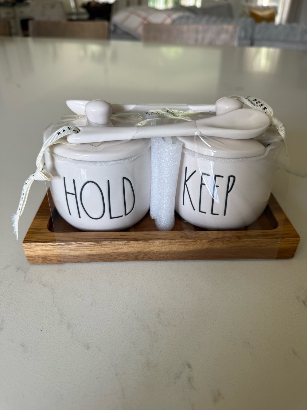 Rae Dunn White 'HOLD' & 'KEEP' Ceramic Jar Set with Bamboo Tray